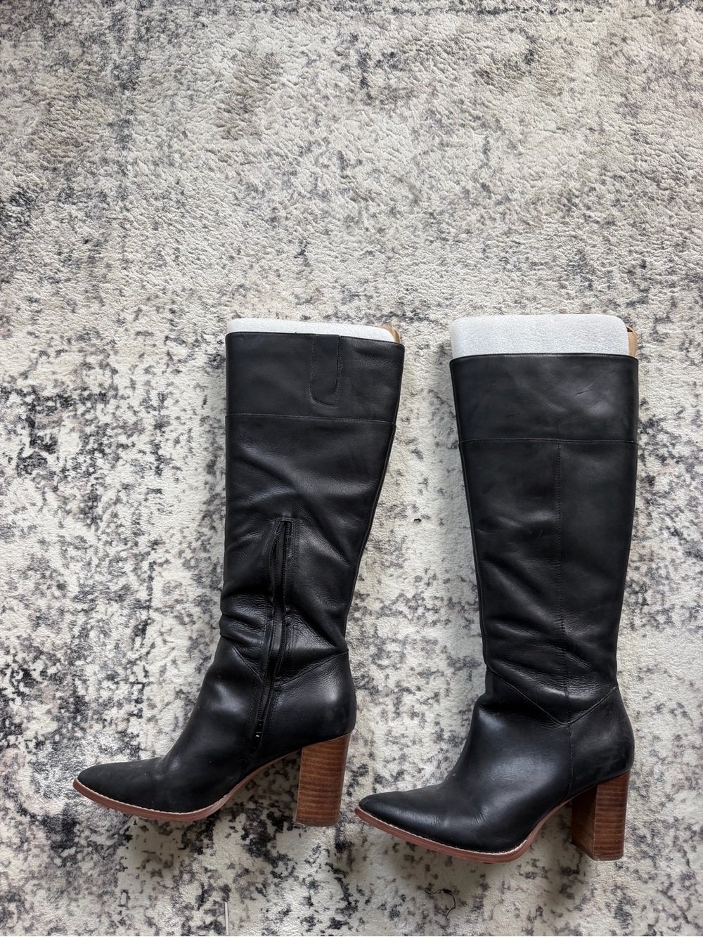 Crown Vintage Black Leather Knee-High Block Heel Boots with Brown Stacked Heel